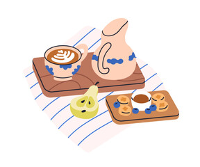 Breakfast with coffee, capuccino cup, fruit snacks. Morning food served on wooden board, tray. Cozy aesthetic meal setting with cappuccino. Flat vector illustration isolated on white background