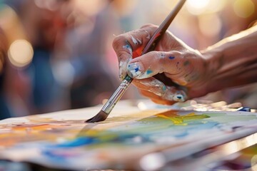 Obraz premium Closeup of an artist's brush painting watercolor on paper