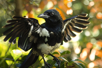 Fototapeta premium A playful and mischievous magpie with its glossy black and white feathers.