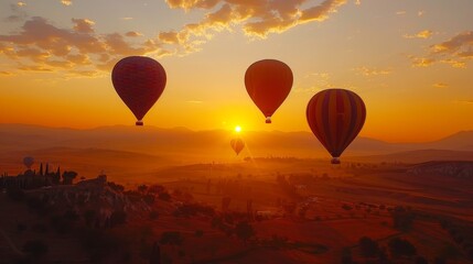 Multiple hot air balloons soar above a serene landscape as the sun rises, casting a warm golden glow.
