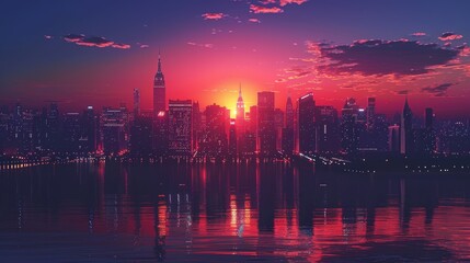 New York City skyline at sunset, with a red and purple sky and a pink reflection on the water. - obrazy, fototapety, plakaty
