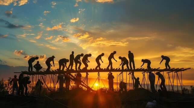 Many workers are building a bridge at sunset.