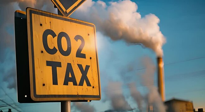 CO2 tax sign against industrial smokestacks backdrop, highlighting environmental policy and pollution control,Carbon Tax,direct air capture,DAC