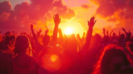 Fototapeta premium People are dancing at a music festival as the sun sets.
