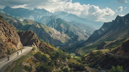 A panoramic view of a scenic mountain pass, with cyclists tackling the challenging terrain on World Bicycle Day.