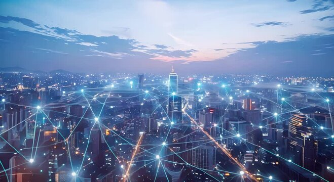 Global Network and Data Exchange Over Cityscape, Tech Integration,Technology Background