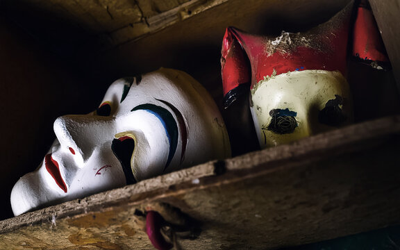 old carnival mask lies forgotten in a box in the attic, AI generated