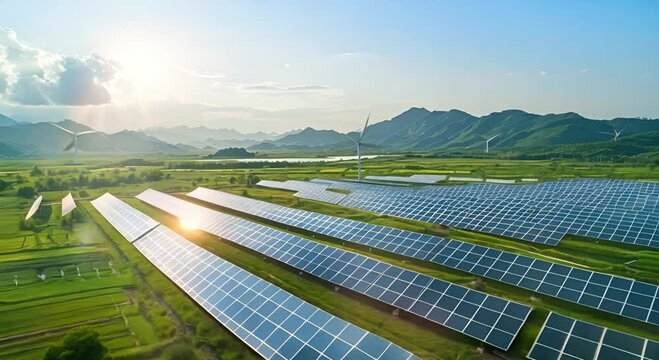 Solar Farm in Countryside, Clean Energy Production and Technology,Suatainable concept,Sustainable,Green Economy,Green Business,ESG,Environmental Social Governance,Carbon Tax,Net Zero