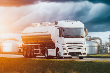 Fuel truck on highway for transport fuel to petrochemical oil refinery - obrazy, fototapety, plakaty