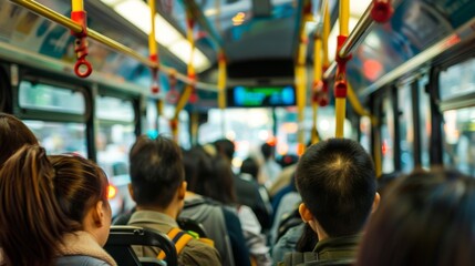 Close-up of a crowded bus interior with passengers standing shoulder-to-shoulder, a common sight in urban traffic - obrazy, fototapety, plakaty