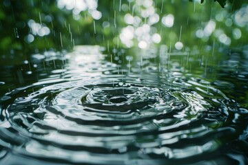 Water drops falling in water, creating ripples and reflections