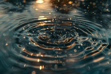 Water drops falling in water, creating ripples and reflections - obrazy, fototapety, plakaty