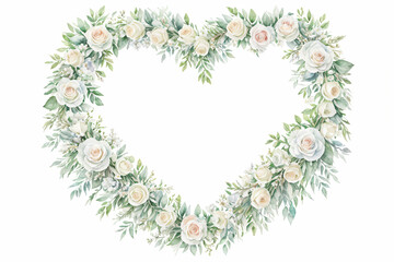 Floral watercolor heart wreaths and frames. Watercolor Roses and Wildflowers, White rose flower wreath laurel. Decoration for wedding invitations, Valentine's Day, Mother's day card.
