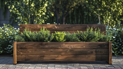 Blank mockup of a rustic wooden park bench with a builtin planter box at one end. .