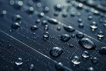 Water Droplets on Solar Panel Close-up of water droplets on a solar panel, emphasizing the panel's texture and durability Perfect for showcasing weather-resistant features