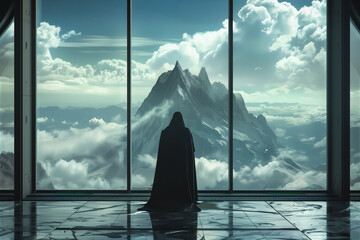 A solitary figure draped in a cloak stands before a panoramic window, gazing out at a majestic mountain range above the clouds. - obrazy, fototapety, plakaty