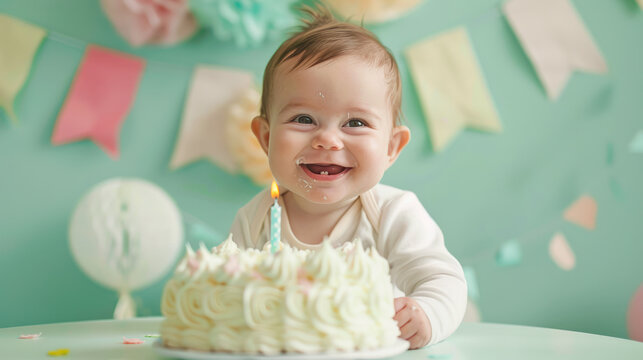 A cute baby celebrating his first birthday in front of a birthday cake with a candle, festive decorations on mint background. Joyful baby experiencing first birthday cake smash party celebration
