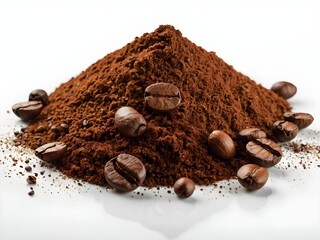 Pile of ground coffee and coffee beans isolated on white background. Ai Generative.