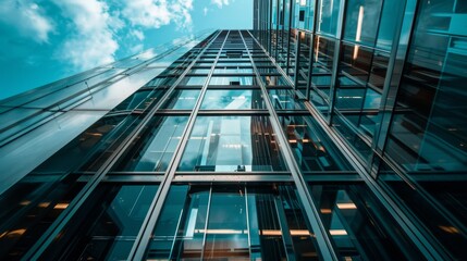 Fototapeta na wymiar Close-up of a glass elevator ascending the exterior of a sleek high-rise building