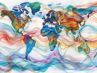 Fluid watercolor map lines weaving through a tapestry of global destinations