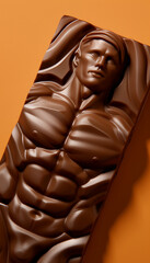 Chocolate bar creative advertising banner. Chocolate as muscular body shape. Calorie energy sweet food