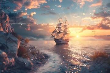 Obraz premium Captivating Sailship Silhouette against Breathtaking Sunset Seascape