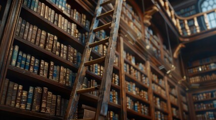 Obraz premium A library shelf with a ladder, inviting viewers to climb the ladder of knowledge