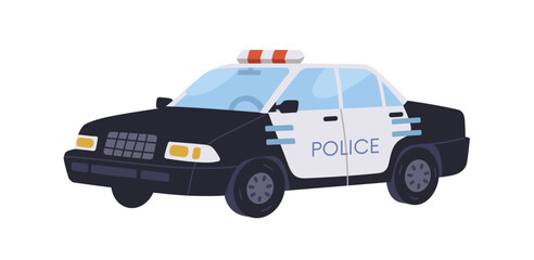 Police car, patrol vehicle. Municipal road cops transport with siren lights. Policeman automobile, emergency transportation, 911 security service. Flat vector illustration isolated on white background