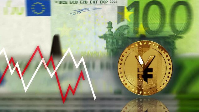 Yen Yuan cryptocurrency golden coin over 100 Euro banknotes. Eur note counting and chart line on background. Loopable and seamless 3d abstract concept.