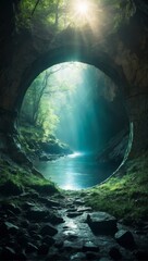 An abandoned cave entrance with sunlight filtering through, illuminating a mystical portal