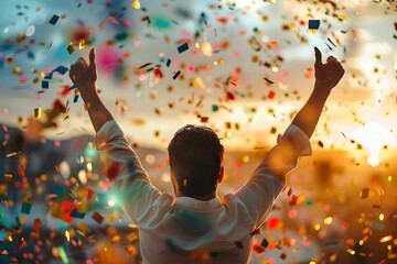 Exhilarating Moment of Victorious with Vibrant Confetti and Illuminated Fireworks