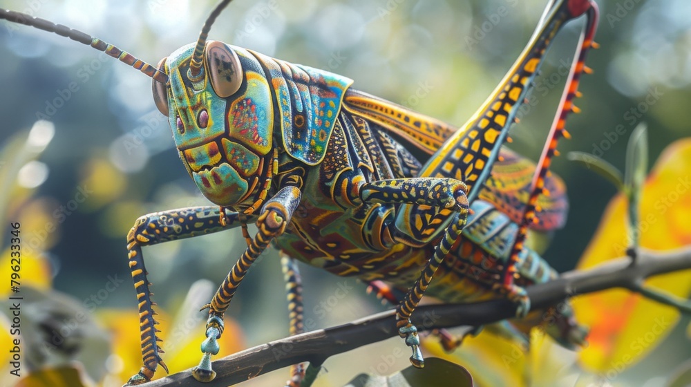 Poster Close-up of a grasshopper perched on a twig, its intricate patterns and colors blending with the surroundings