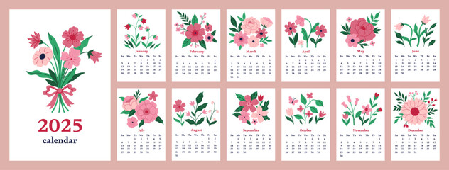 Floral calendar 2025. Set of month page templates decorated with beautiful flowers on a white background. Vector graphics.