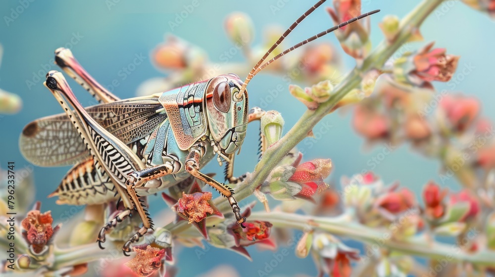 Poster Close-up of a grasshopper perched on a twig, its intricate patterns and colors blending with the surroundings