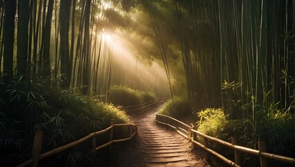 Footpath between bamboo forests with afternoon light. Ai Generative.