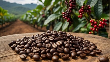 Obraz premium Organic coffee farm, coffee bean in wooden table. Fresh Arabica coffee berries in background. Ai Generative.