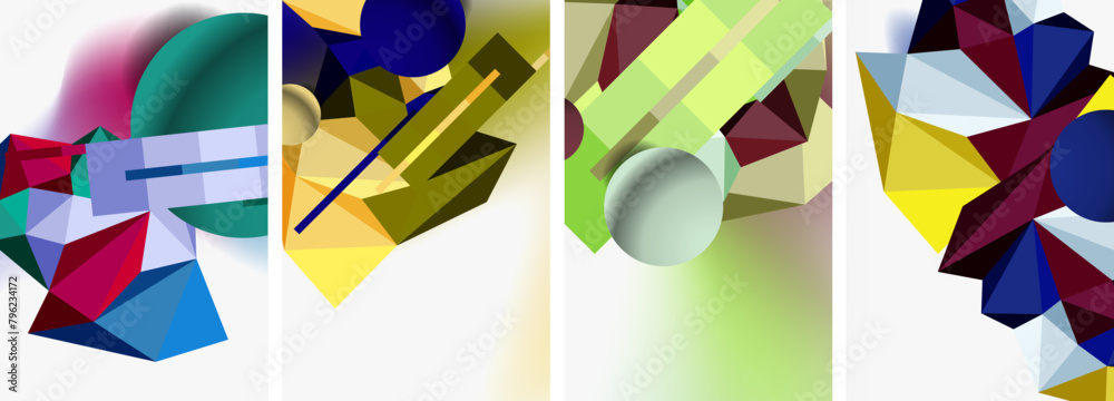 Aufkleber Create a vibrant art piece with tints and shades using geometric shapes like rectangle, circle, and triangle on a white background, resembling tableware and drinkware in an abstract composition