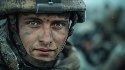 A handsome Ukrainian soldier in uniform is looking at the camera. Portrait.