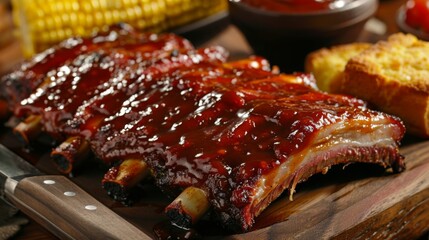 Obraz premium Close-up of a juicy BBQ ribs platter, glistening with sauce and served with cornbread