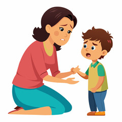 Mother is disciplining her child and the boy cry so sad, solid white background (5)