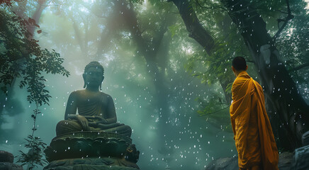 A monk stands calmly in the rain, his robes glistening with droplets. The rain falls gently around him, creating a serene and peaceful atmosphere. Generative AI.