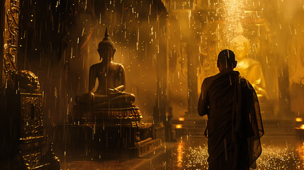 A monk stands calmly in the rain, his robes glistening with droplets. The rain falls gently around him, creating a serene and peaceful atmosphere. Generative AI.