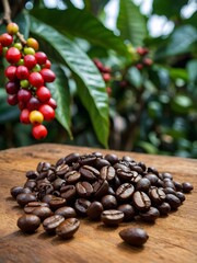 Organic coffee farm, coffee bean in wooden table. Fresh Arabica coffee berries in background. Ai Generative.