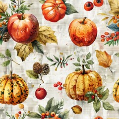 Watercolor seamless pattern with pumpkins and autumn leaves in a rustic style on a burlap-like texture - obrazy, fototapety, plakaty