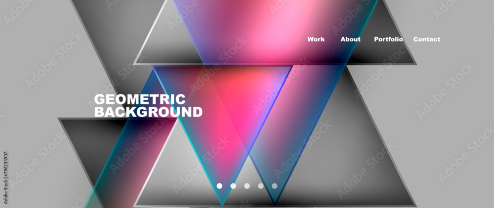 Poster A geometric background featuring purple triangles and rectangles on a gray backdrop, with a font in electric blue and magenta tints and shades. The pattern creates a violet material property