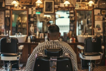 a man is sitting in haircutting chair in a barber shop. generative ai