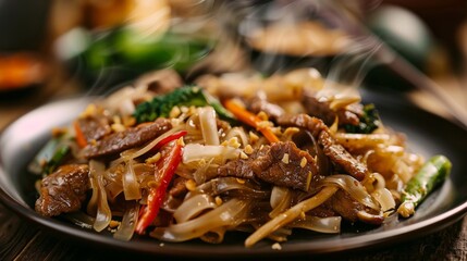 Close-up of a plate of pad see ew, stir-fried rice noodles with tender slices of beef and crunchy vegetables