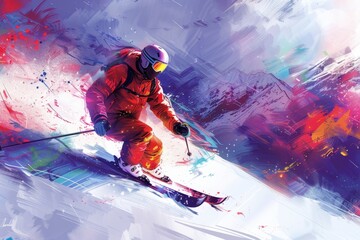 A skier descends a snowy slope, with a colorful burst of lights highlighting the action.