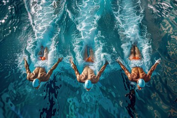 Three swimmers race in a pool, captured from above, showcasing their athletic form and the waters texture. - Powered by Adobe