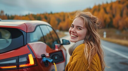 Smiling person stretching outside their EV at a scenic overlook, charging cable connected - obrazy, fototapety, plakaty